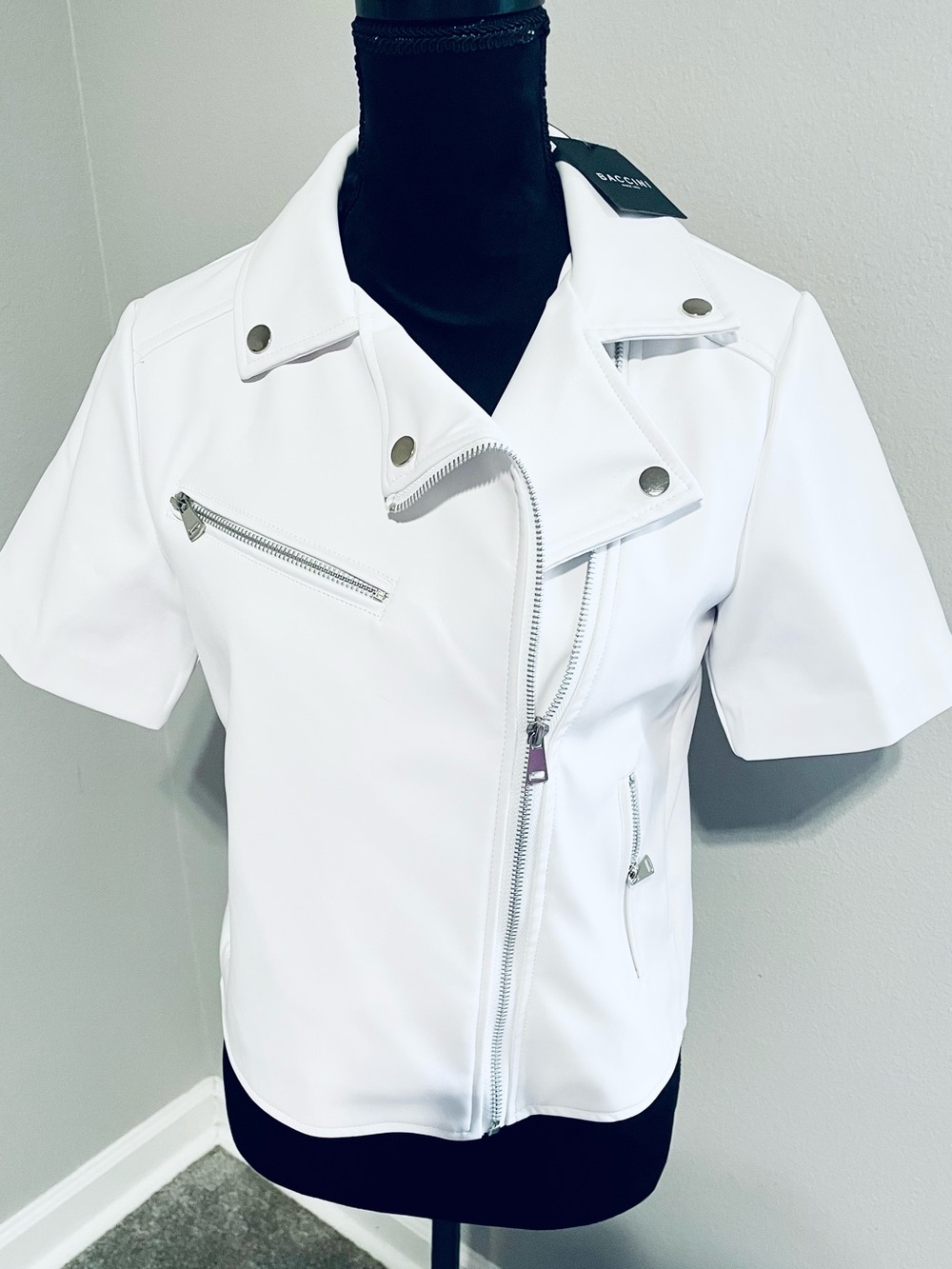 White Short-Sleeve Moto Faux-Leather Jacket